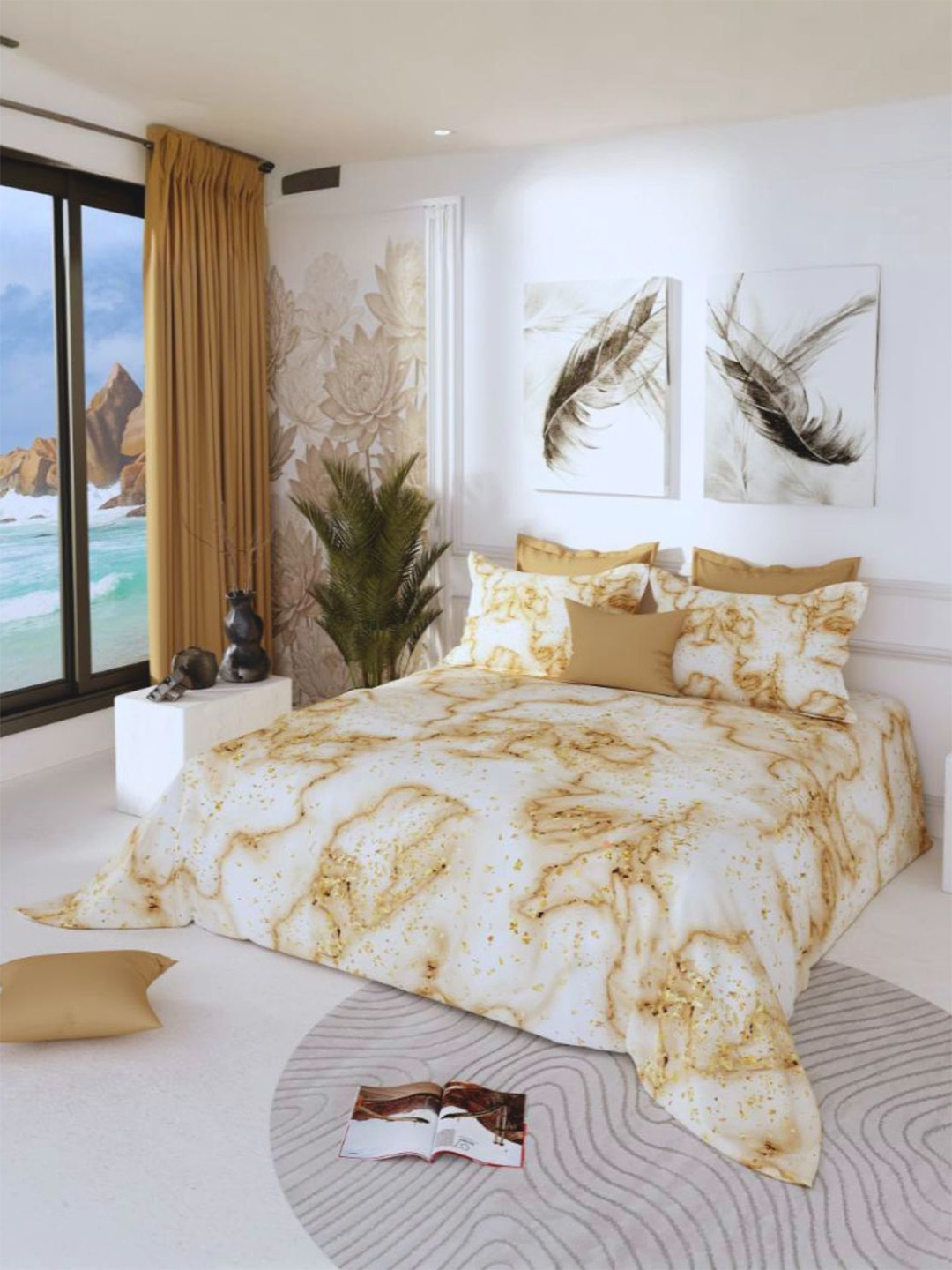 LABHAM Gold-Toned & White 300 TC King Bedsheet with 2 Pillow Covers