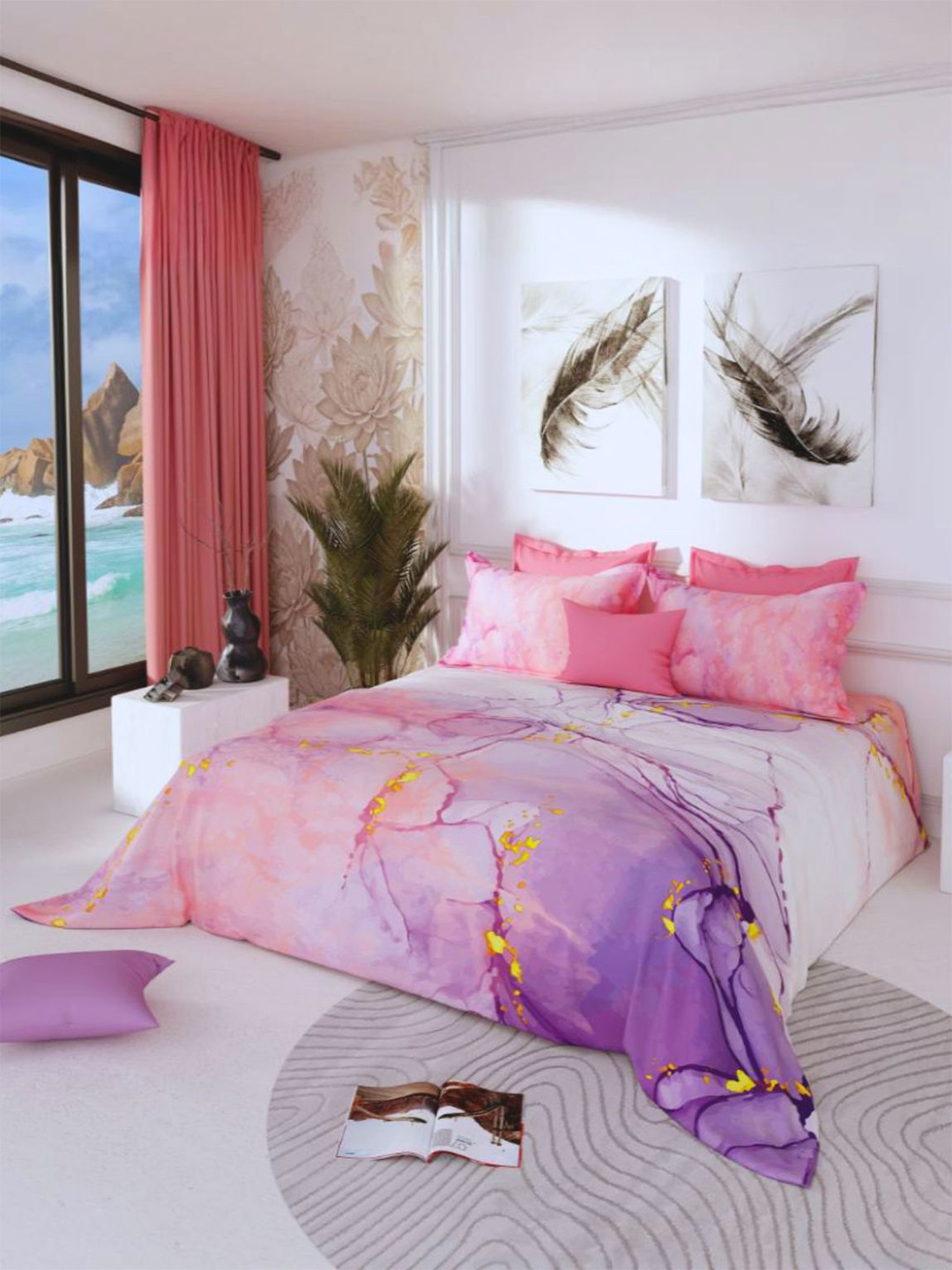 LABHAM Purple & Gold-Toned 300 TC King Bedsheet with 2 Pillow Covers