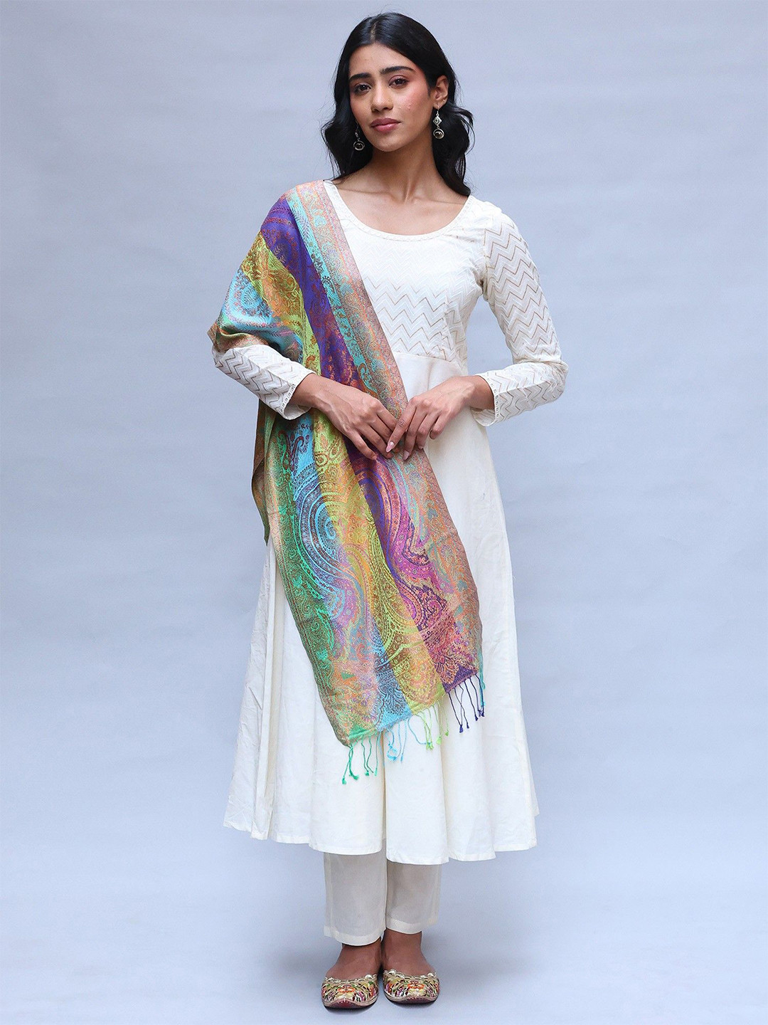 Exotic India Super Silk Jamawar Scarf With Woven Paisleys