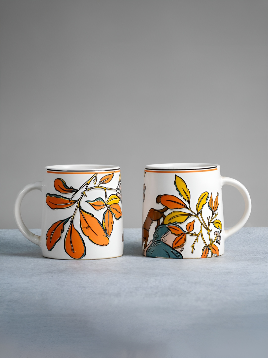 ALMIRO TREE Knosh-1 Earthen White Leaf Ceramic Handmade 2 Piece Mugs-300ml