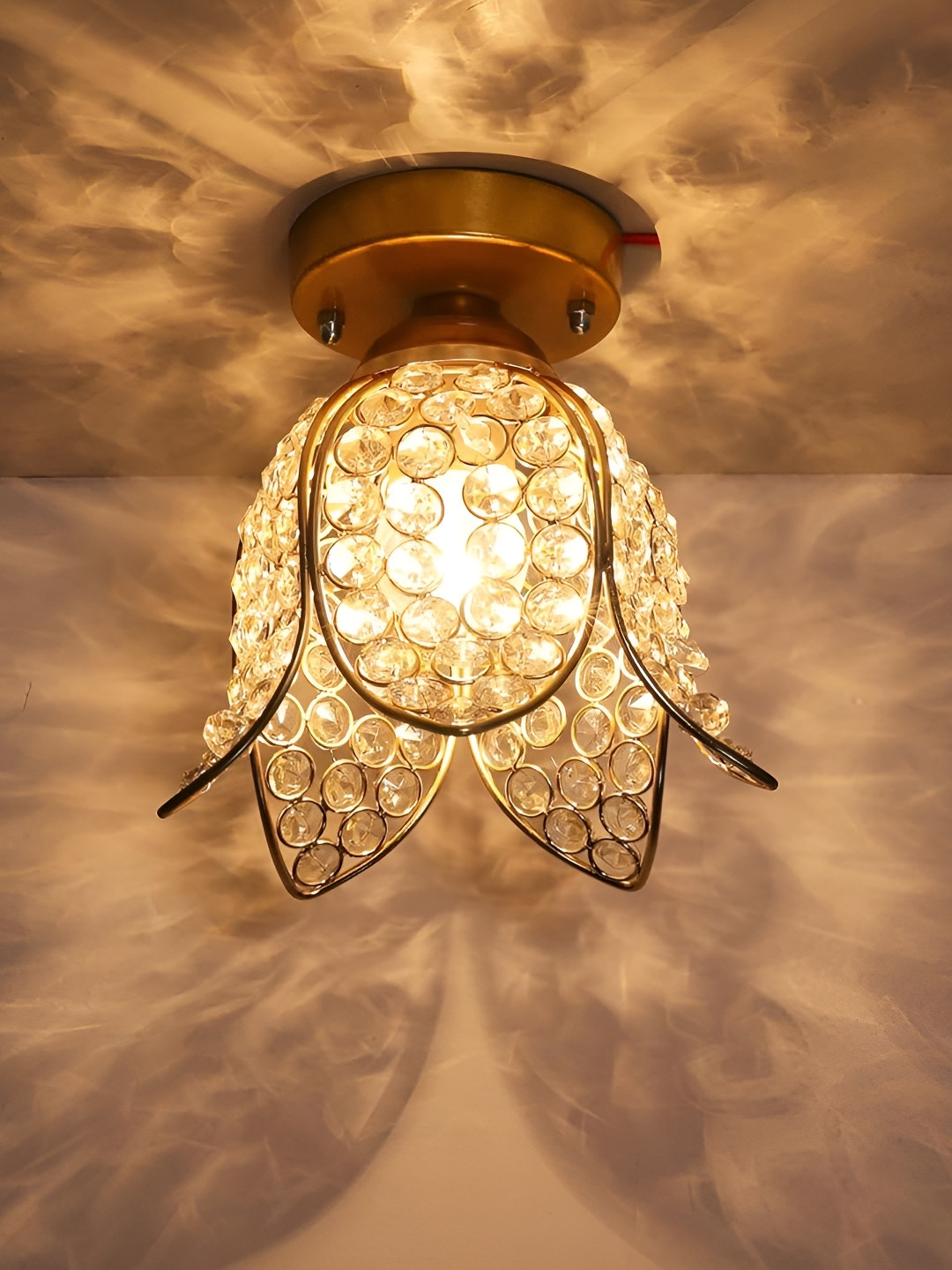 Decorcity Gold-Toned Lotus Crystal Flush Mount Crystal Chandelier Ceiling Lamp