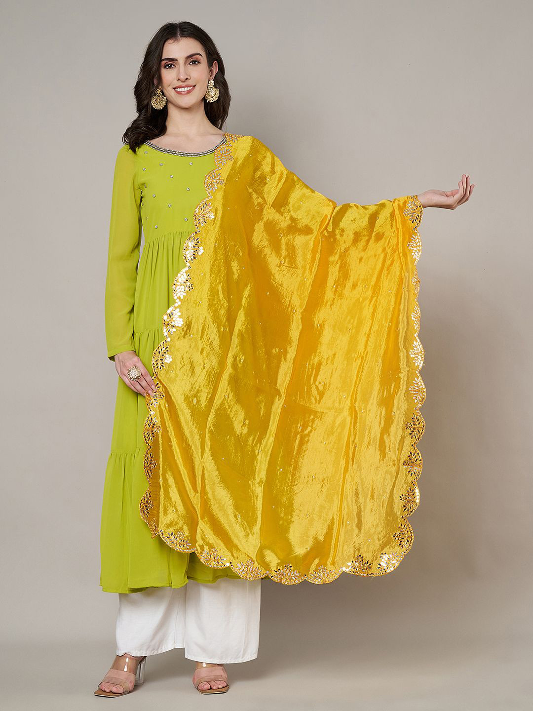 MUFFLY Embellished Cut Work Design Mirror Work Silk Dupatta