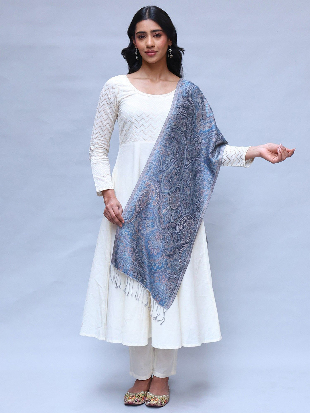 Exotic India Super Silk Jamawar Scarf With Woven Paisleys