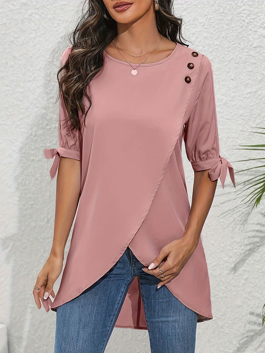 Outzidr Pink Tulip Hem Shoulder Top