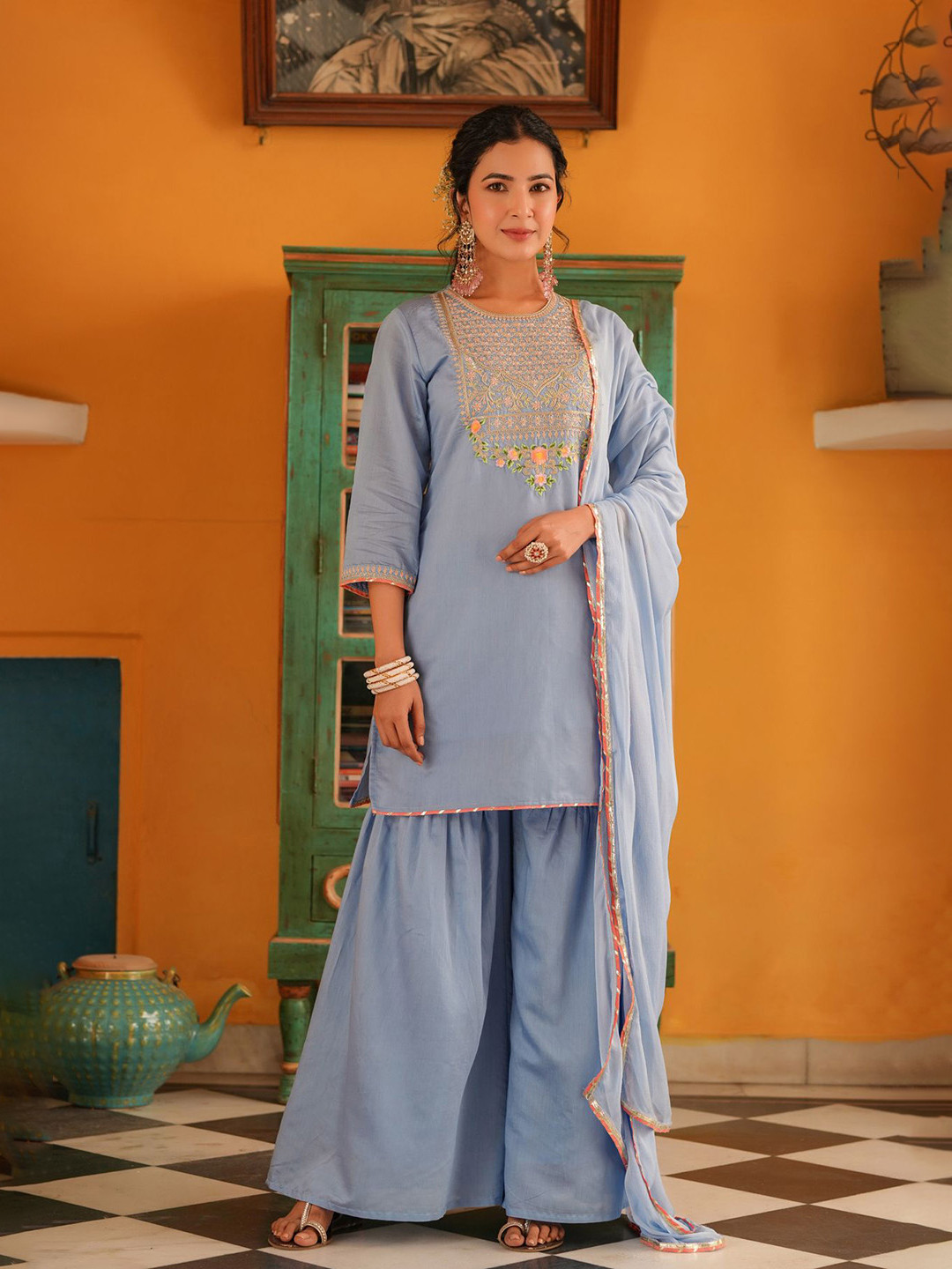 SCAKHI Women Blue Chanderi Silk Zari Embroidered Sharara Set