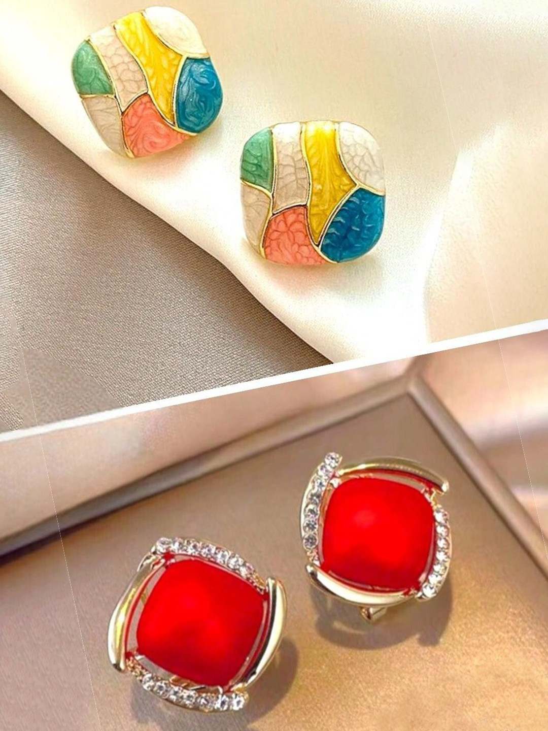 kazare Set Of 2 Rhodium-Plated Artificial Stones Studded Square Shaped Studs