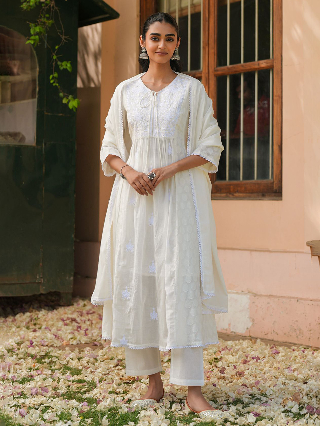 SCAKHI Women Off-white Jacquard Cotton Chikankari Anarkali Set