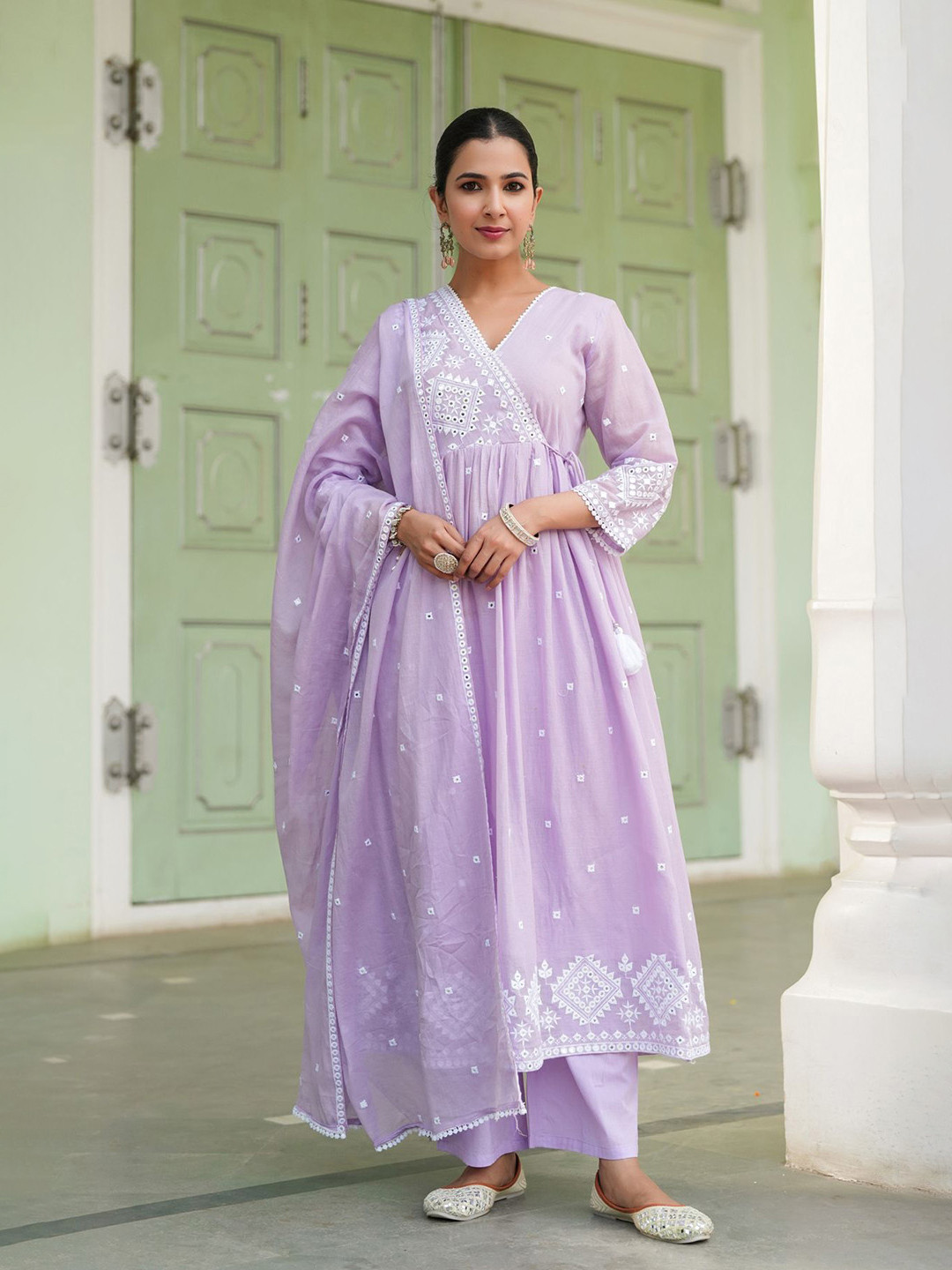 SCAKHI Women Lavender Mulmul Mirror Embroidered Angrakha Kurta Trousers & With Dupatta