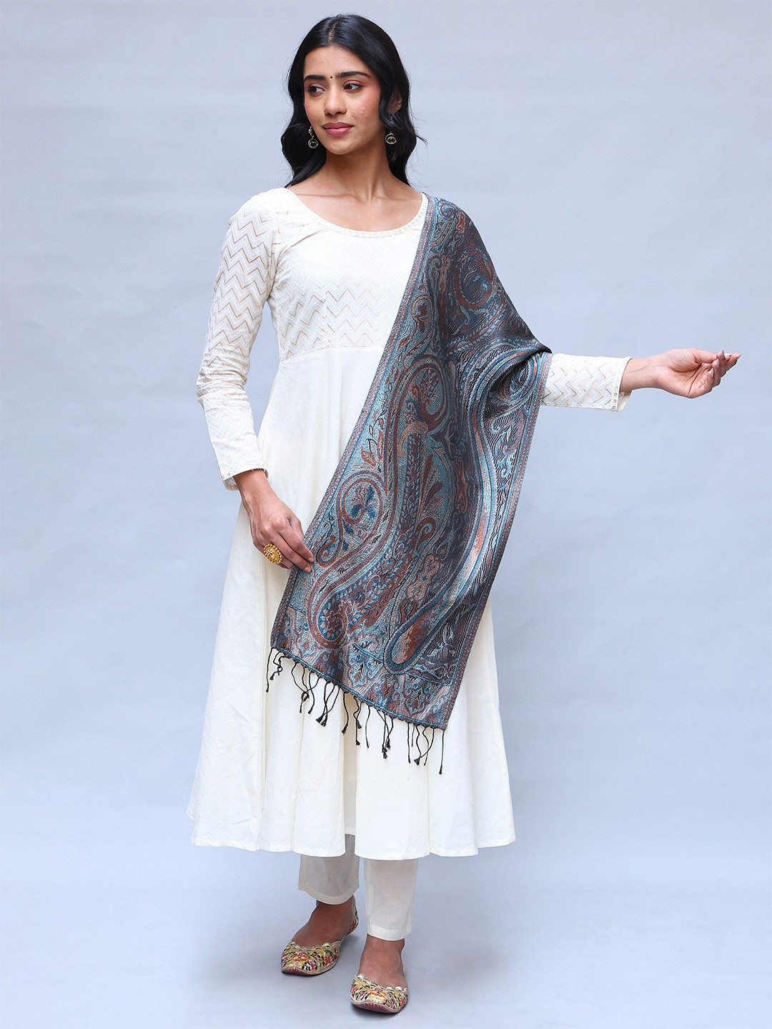 Exotic India Super Silk Jamawar Scarf With Woven Paisleys