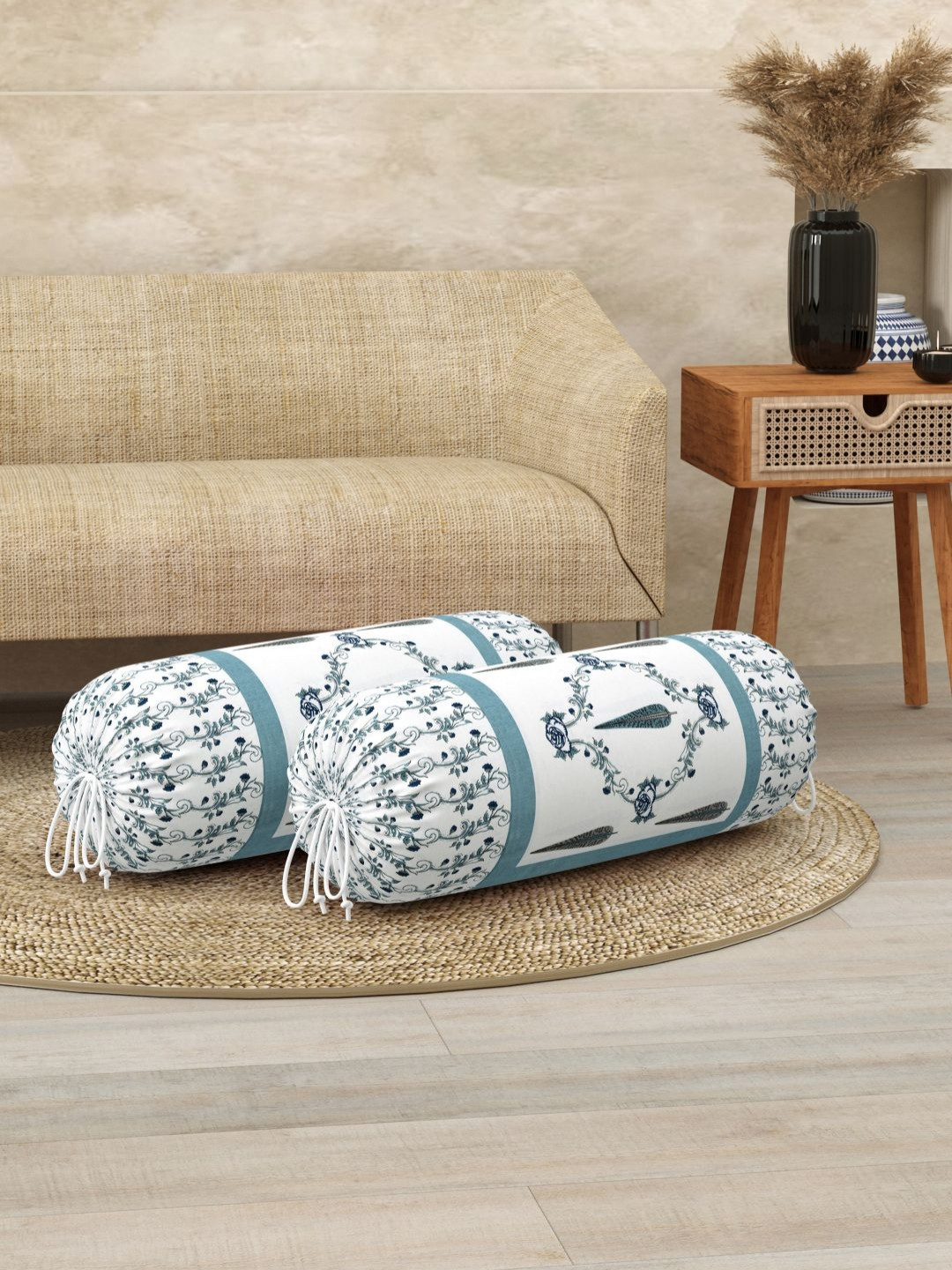 BLOCKS OF INDIA 2-Pcs White & Blue Printed Cotton Bolster Covers