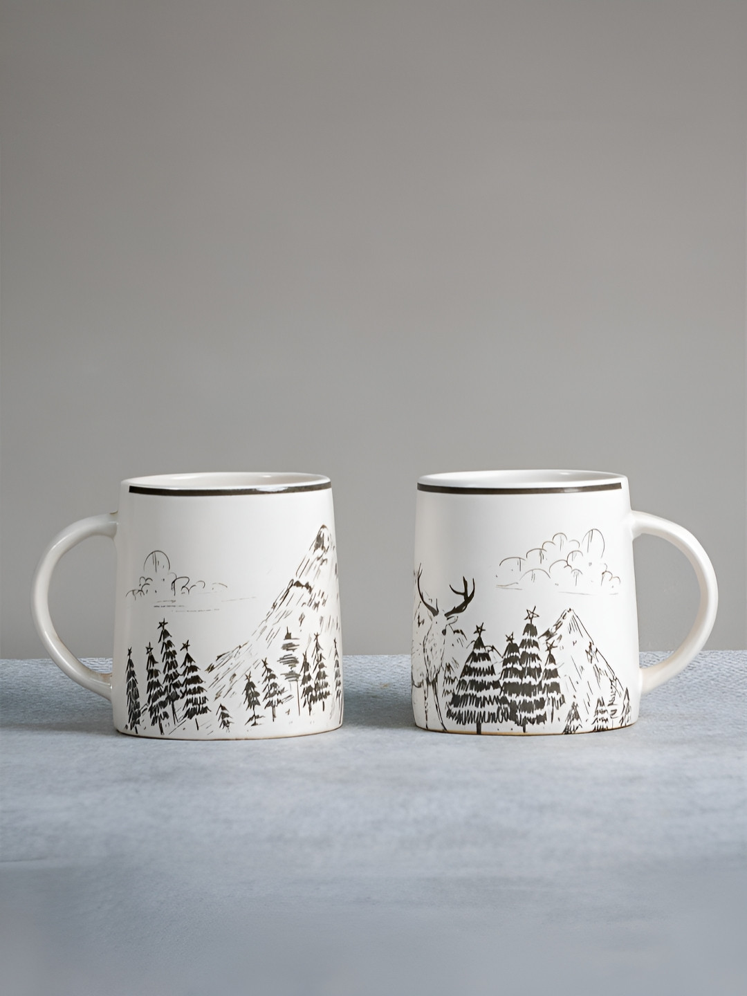 ALMIRO TREE Knosh-5 Earthen White Conversational Ceramic Handmade 2 Piece Mugs-300ml