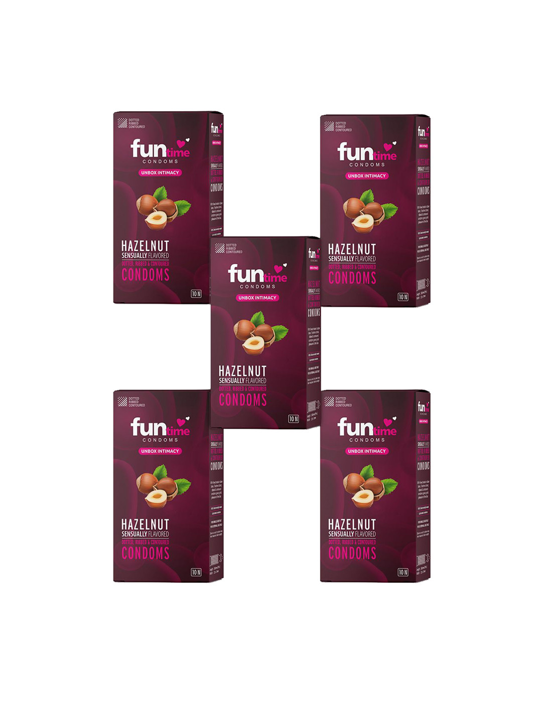 Funtime Pack of 5 Hazelnut Flavour Long Lasting Dotted & Ribbed Condoms -50 Pcs