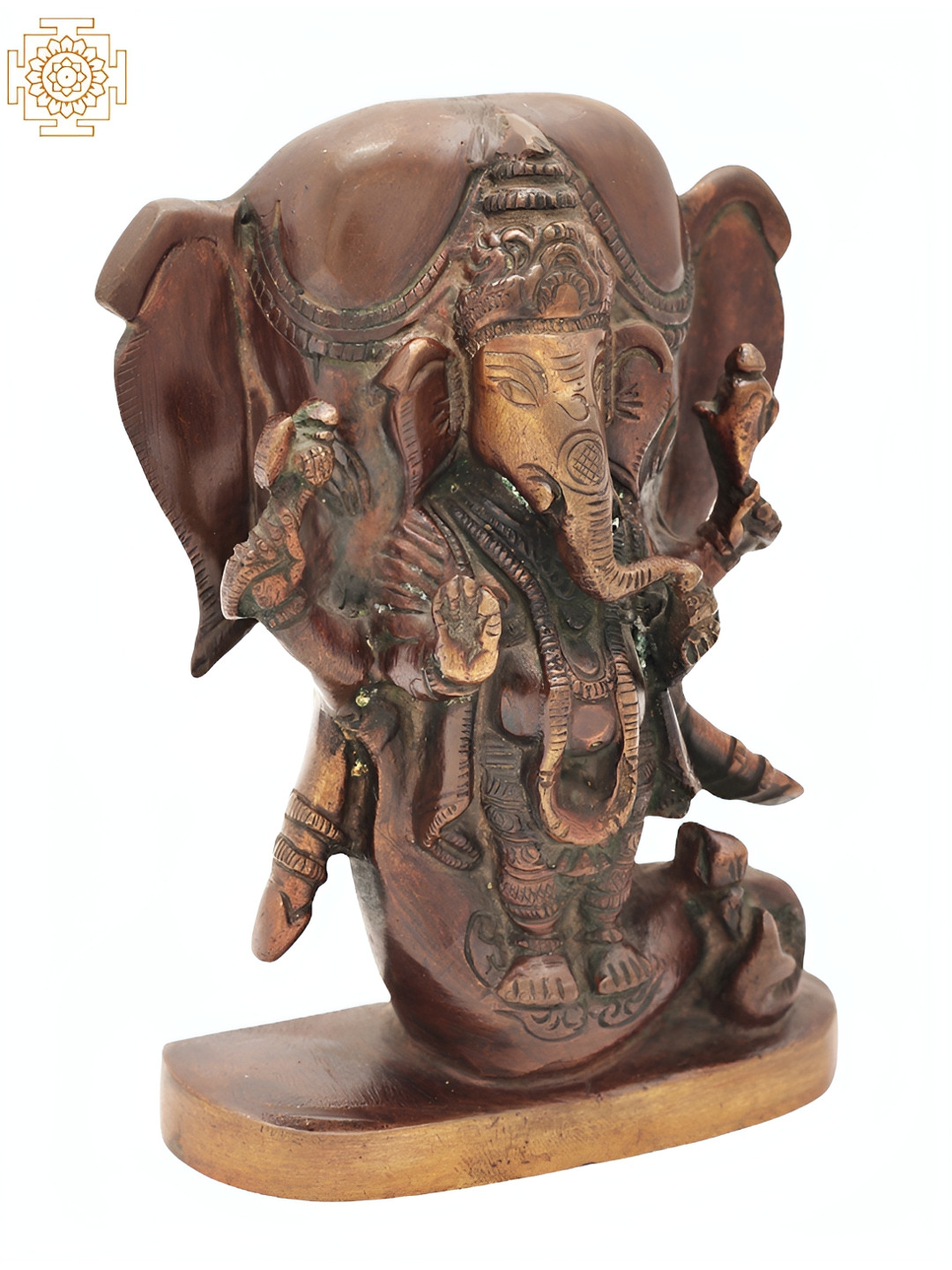 Exotic India Lord Ganesha Standing in The Backdrop Of Elephant Head Brown Brass Metallic Prayer Room Small Showpiece - 5.5 Inches