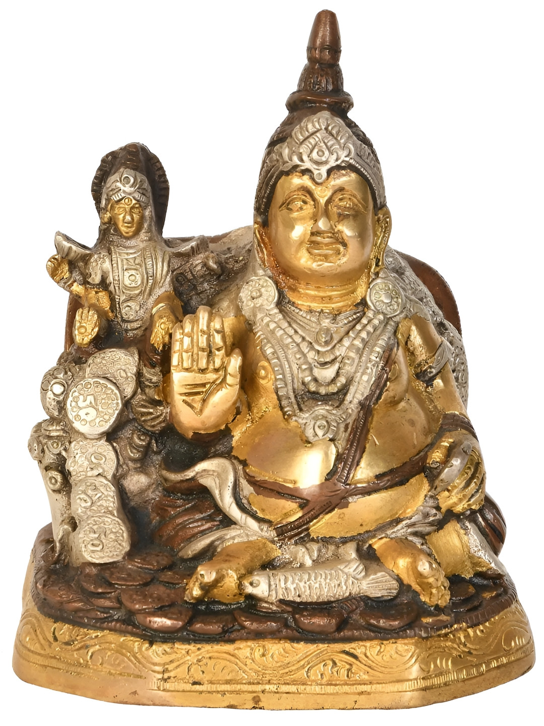 Exotic India Lord Kubera and Goddess Lakshmi Brown Brass Metallic Prayer Room Tiny Showpiece - 6.1 Inches