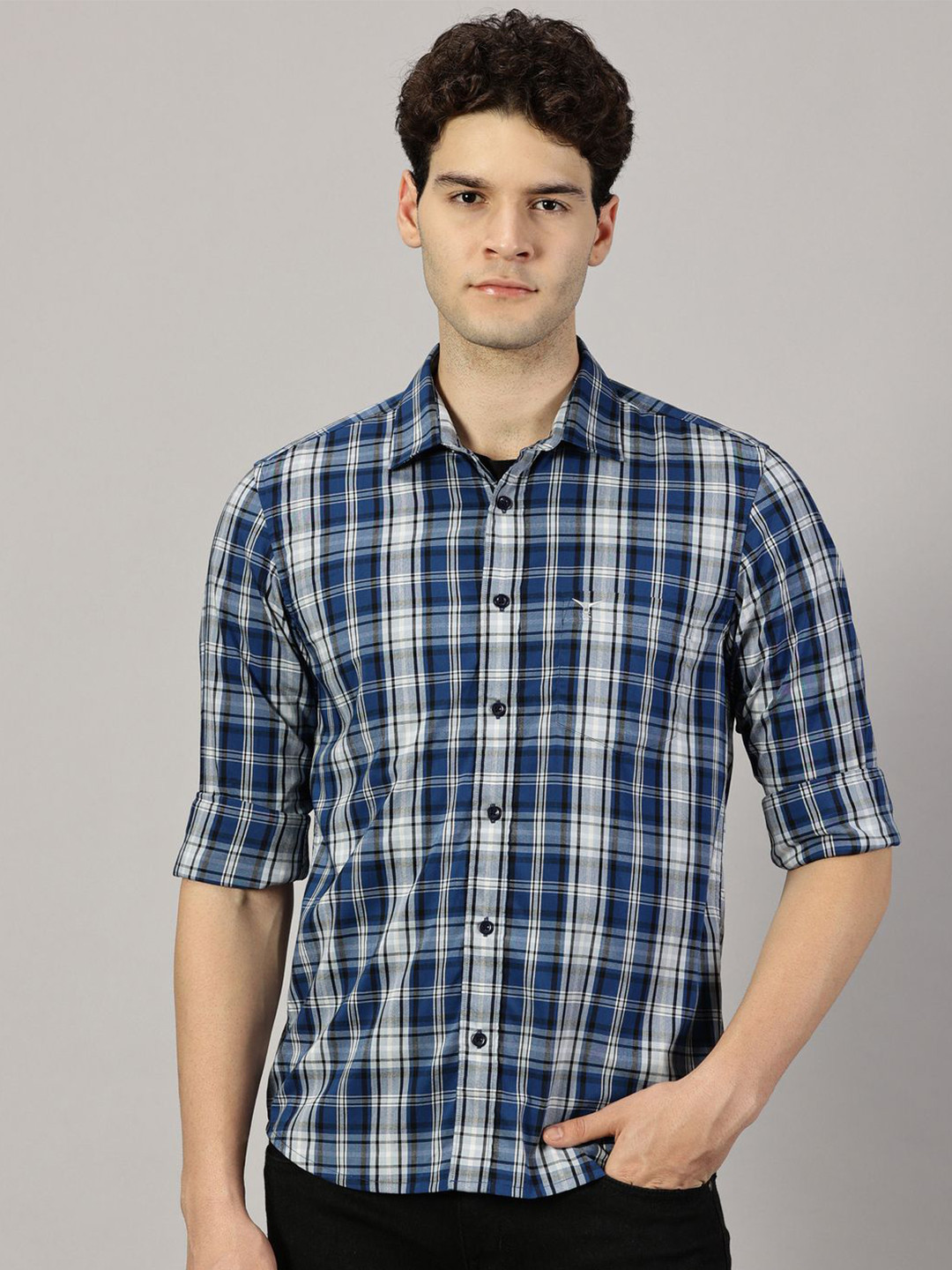 LEON Men Tartan Checked Spread Collar Casual Shirt