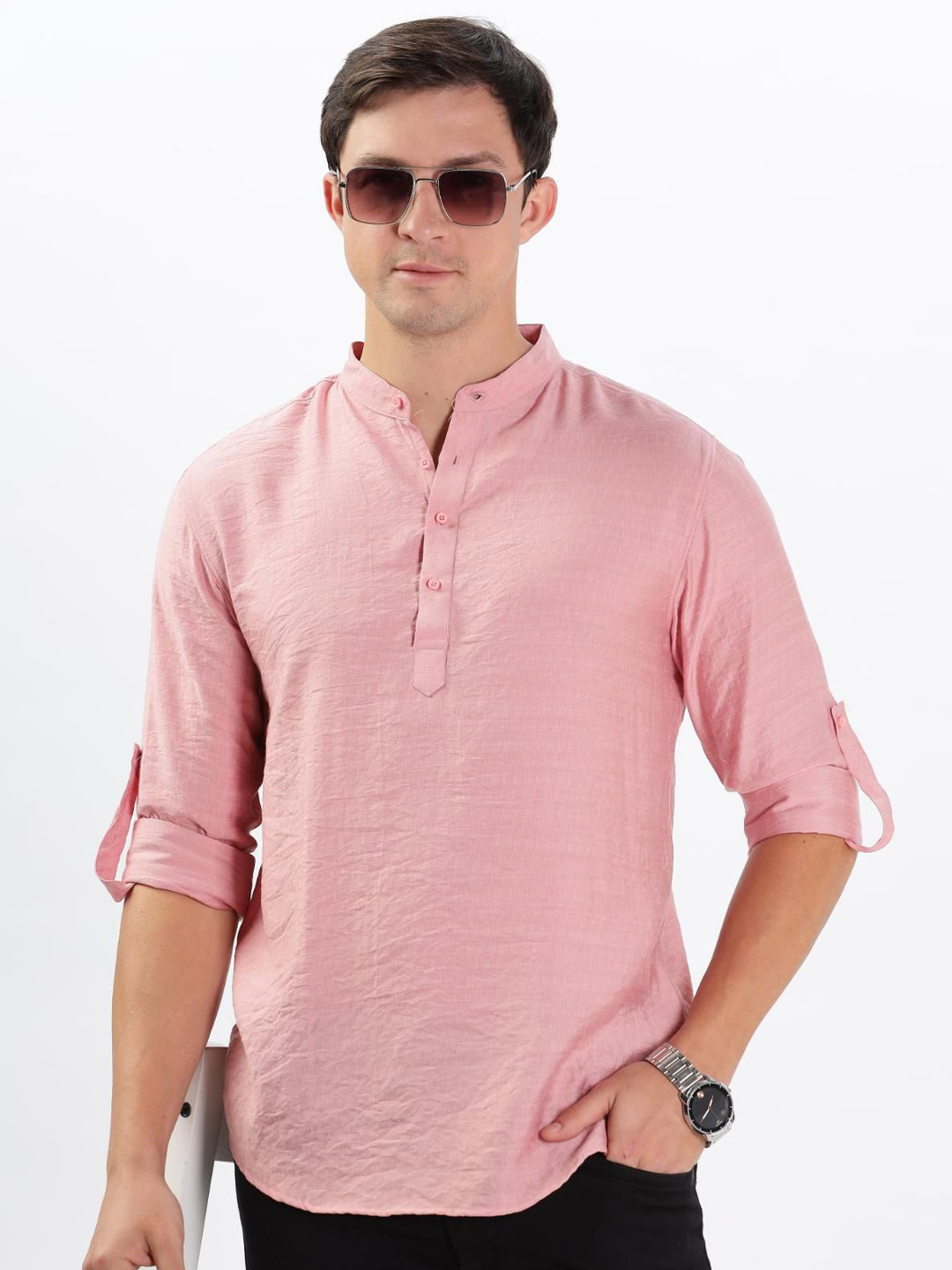 COLOR HUNT Men Comfort Regular Fit Solid Band Collar Cotton Casual Shirt