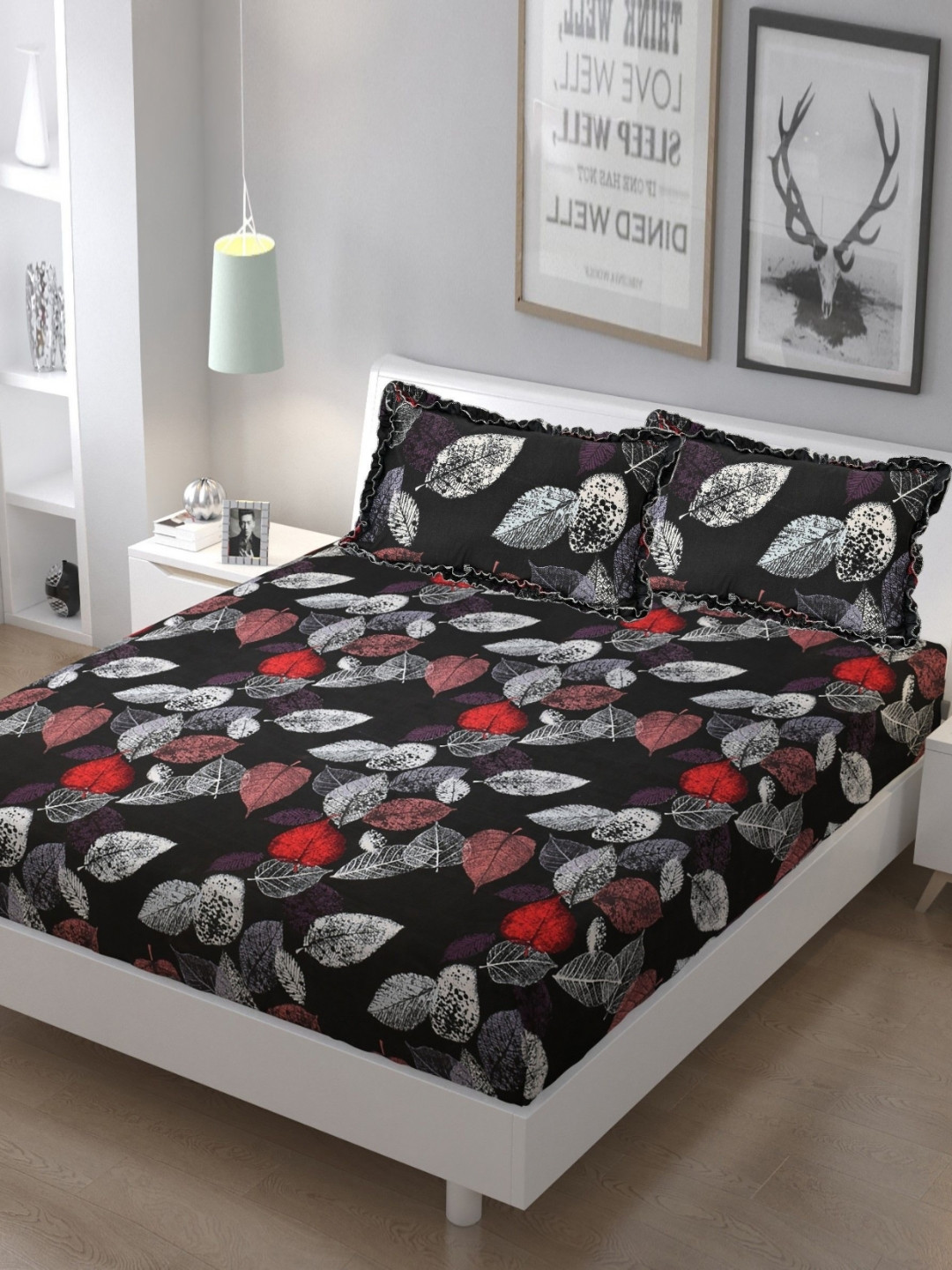 Luxmi Cotton Fabrics Black Leaf Cotton 144 TC Queen Bedsheet with 2 Pillow Covers-96 x 105 inches