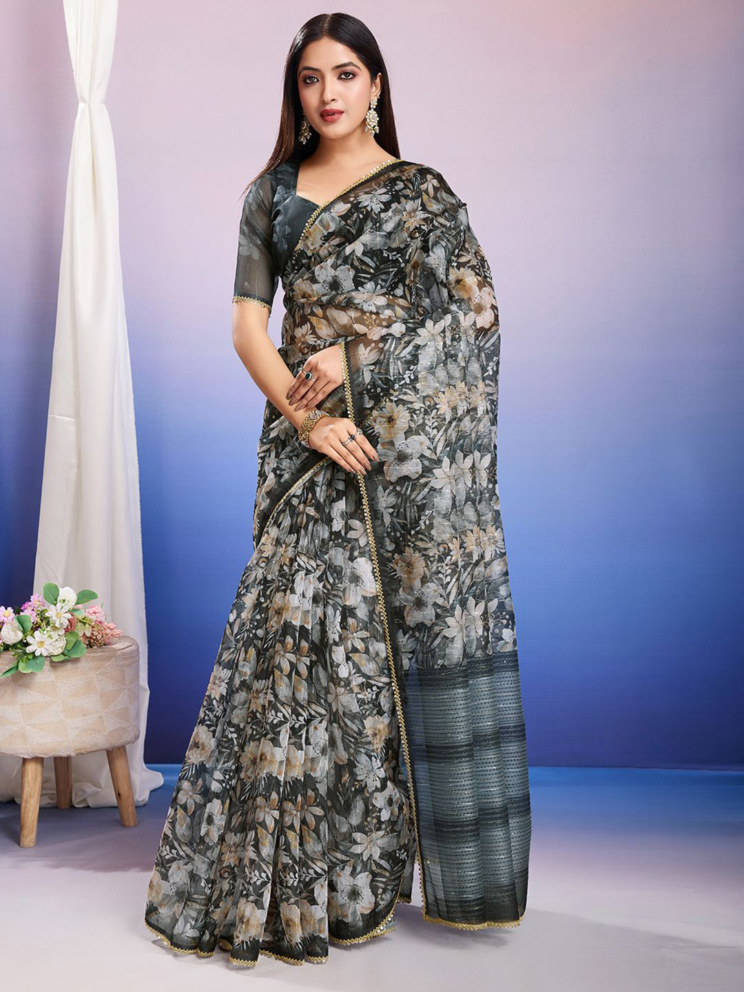 Mitera Floral Printed Sequinned Organza Ready to Wear Saree