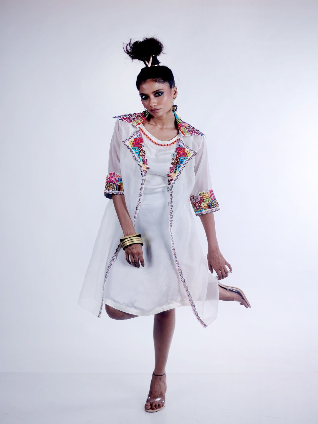 FIRKI Women Embroidered Linen Pinafore Midi Dress