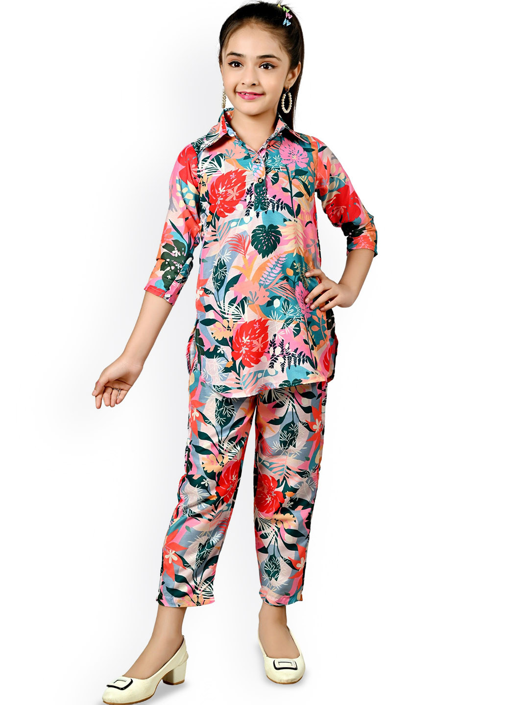 BAESD Girls Printed Shirt Collar Tunic With Trousers