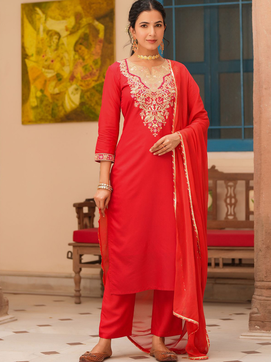 SCAKHI Women Red Chanderi Silk Embroidered Straight Suit Set