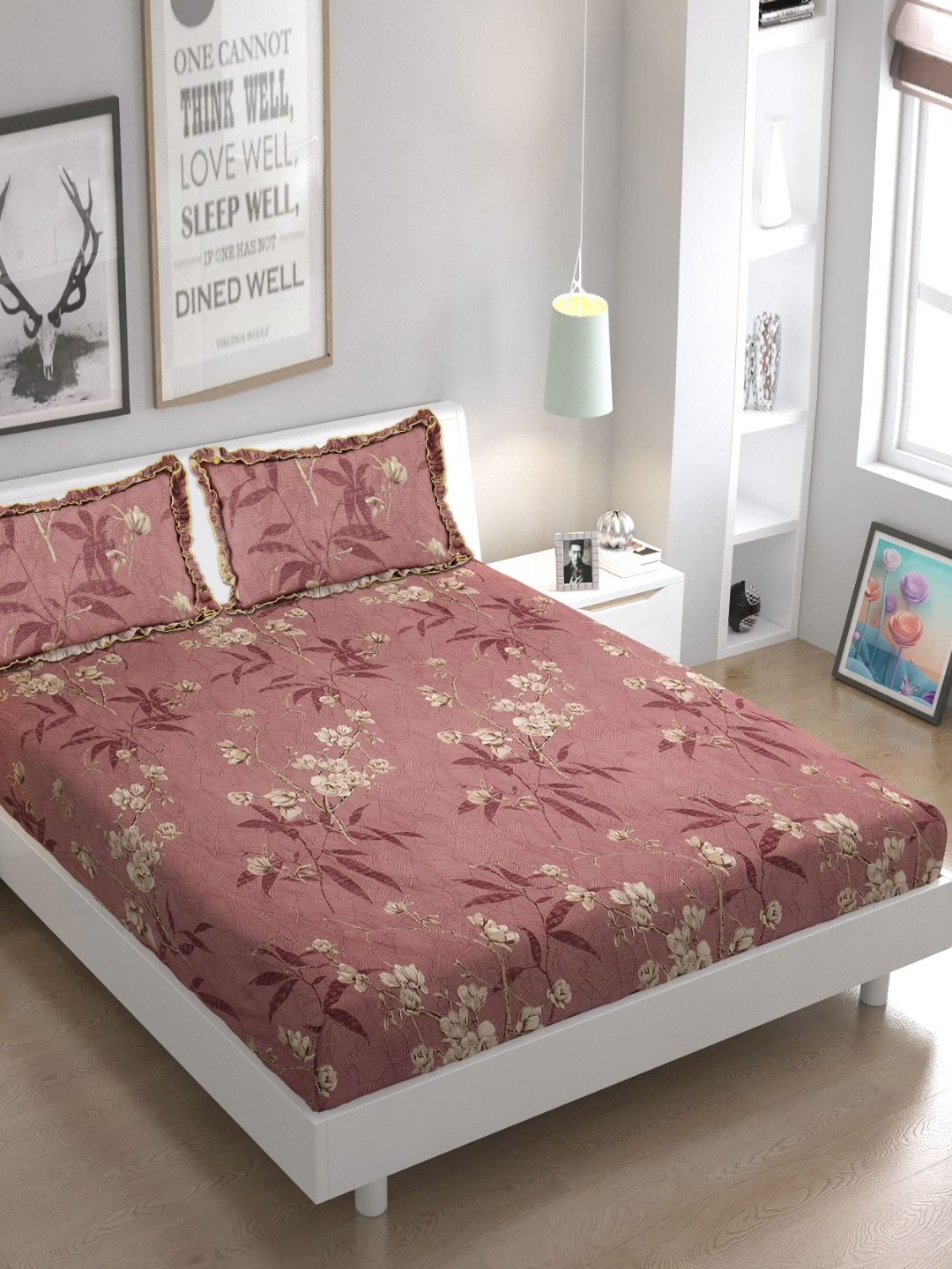 Luxmi Cotton Fabrics Brown Floral Polycotton 144 TC Queen Bedsheet with 2 Pillow Covers-94 x 89 inches