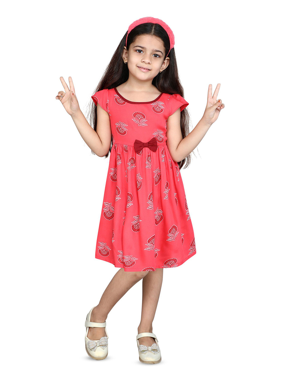 Funshine Girls Floral Printed Bow Cap Sleeves Fit & Flare Dress