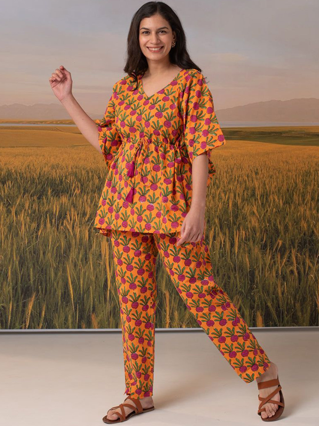 PHUTARI Beet-the-Root Narangi Chill Jams Block Printed Pure Cotton Co-ord Set