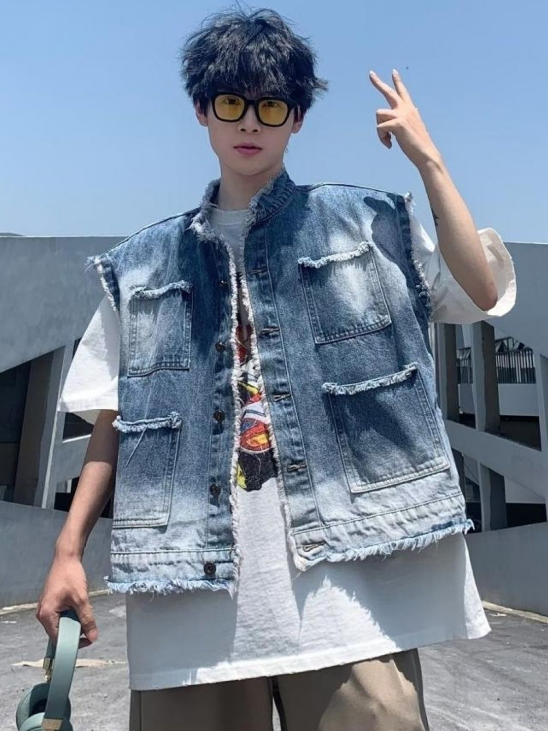 KPOP Men Stand Collar Sleeveless Cotton Denim Jacket