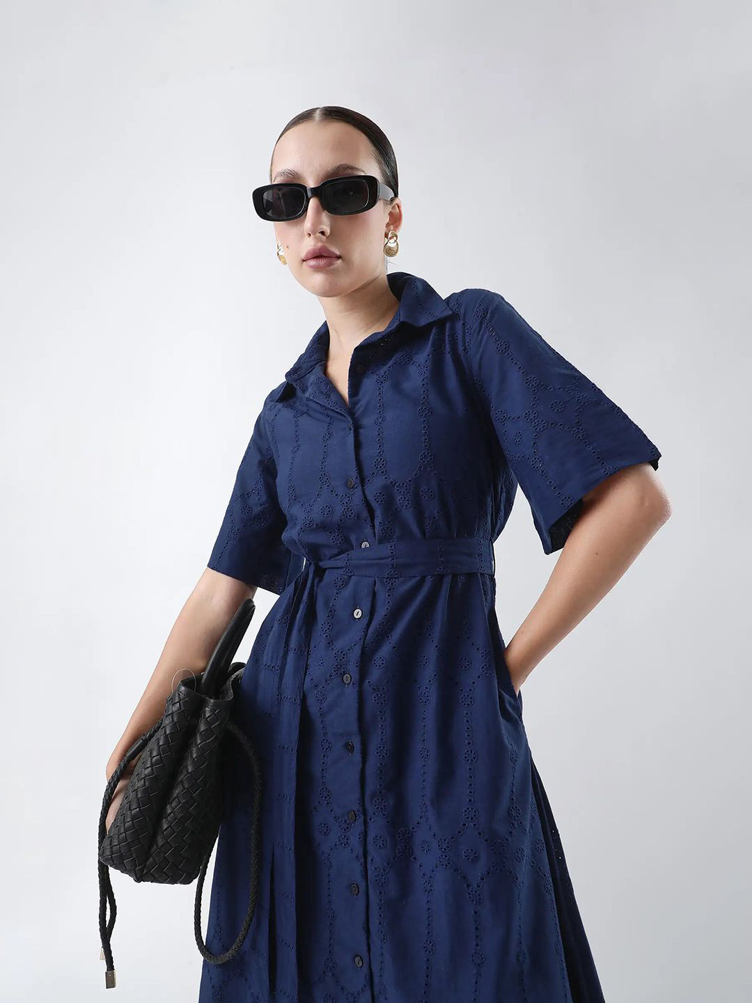 RAREISM Bhazllo Primary Navy Cotton A-Line Midi Dress