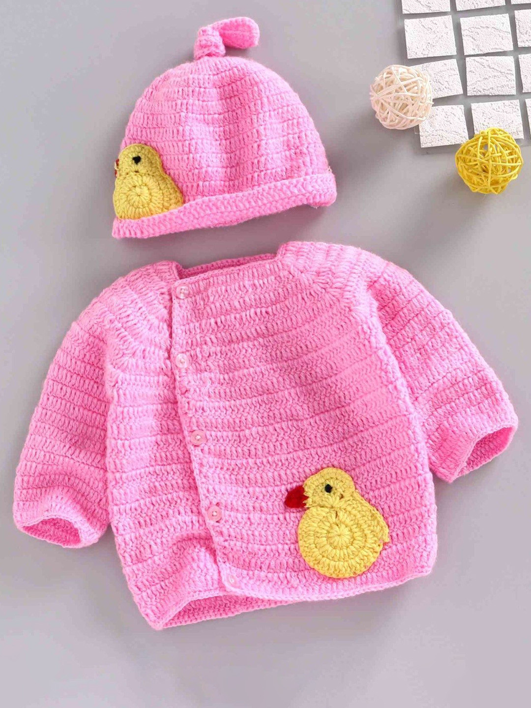 USHA ENTERPRISES Full Sleeves Crochet Duck Design Hand Made Sweater With Cap  - Pink