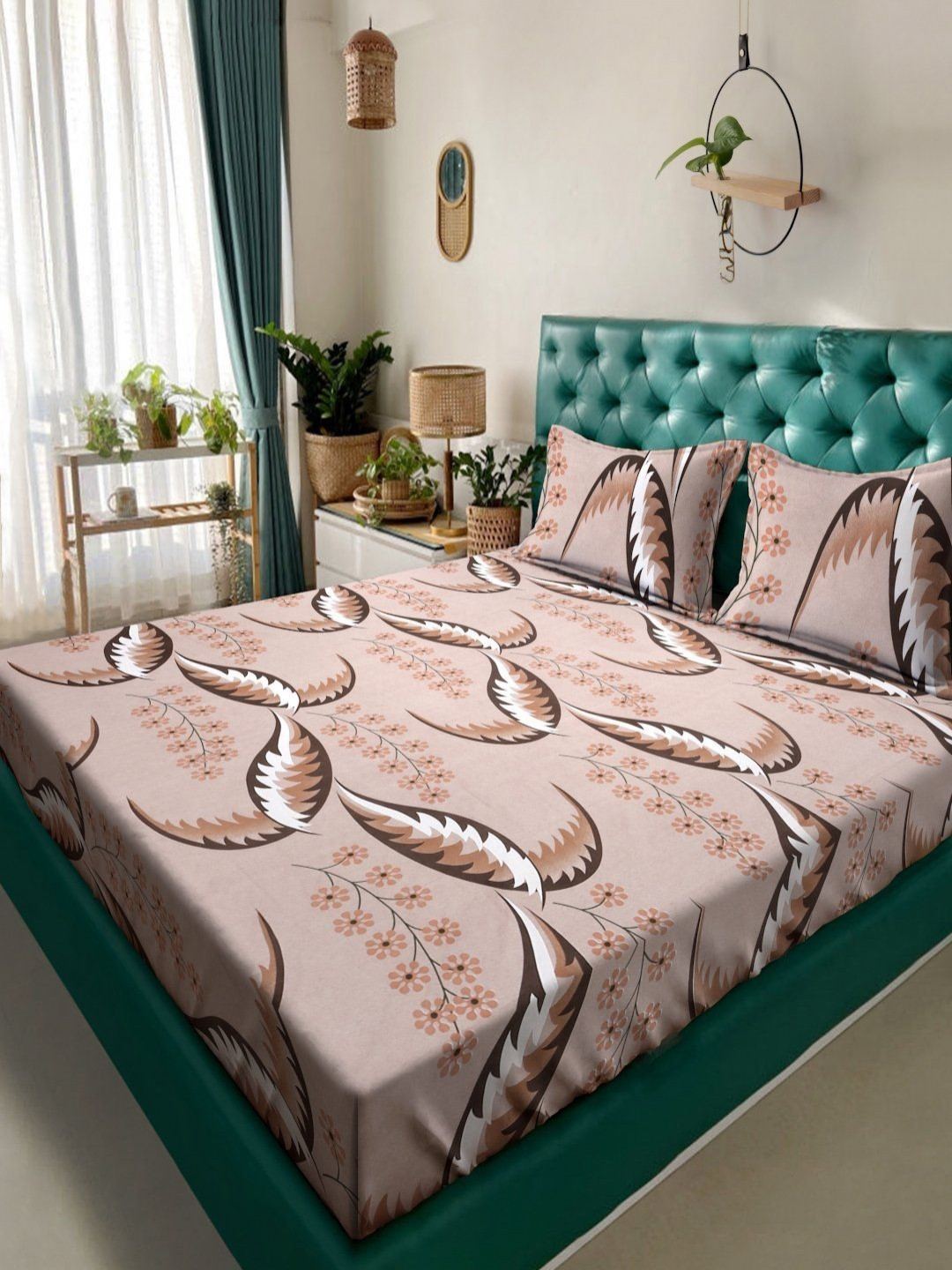 Myntra Elegant Homes Book Fold Brown Floral Printed 300 TC King Bedsheet Set 2.5 x 2.25 m