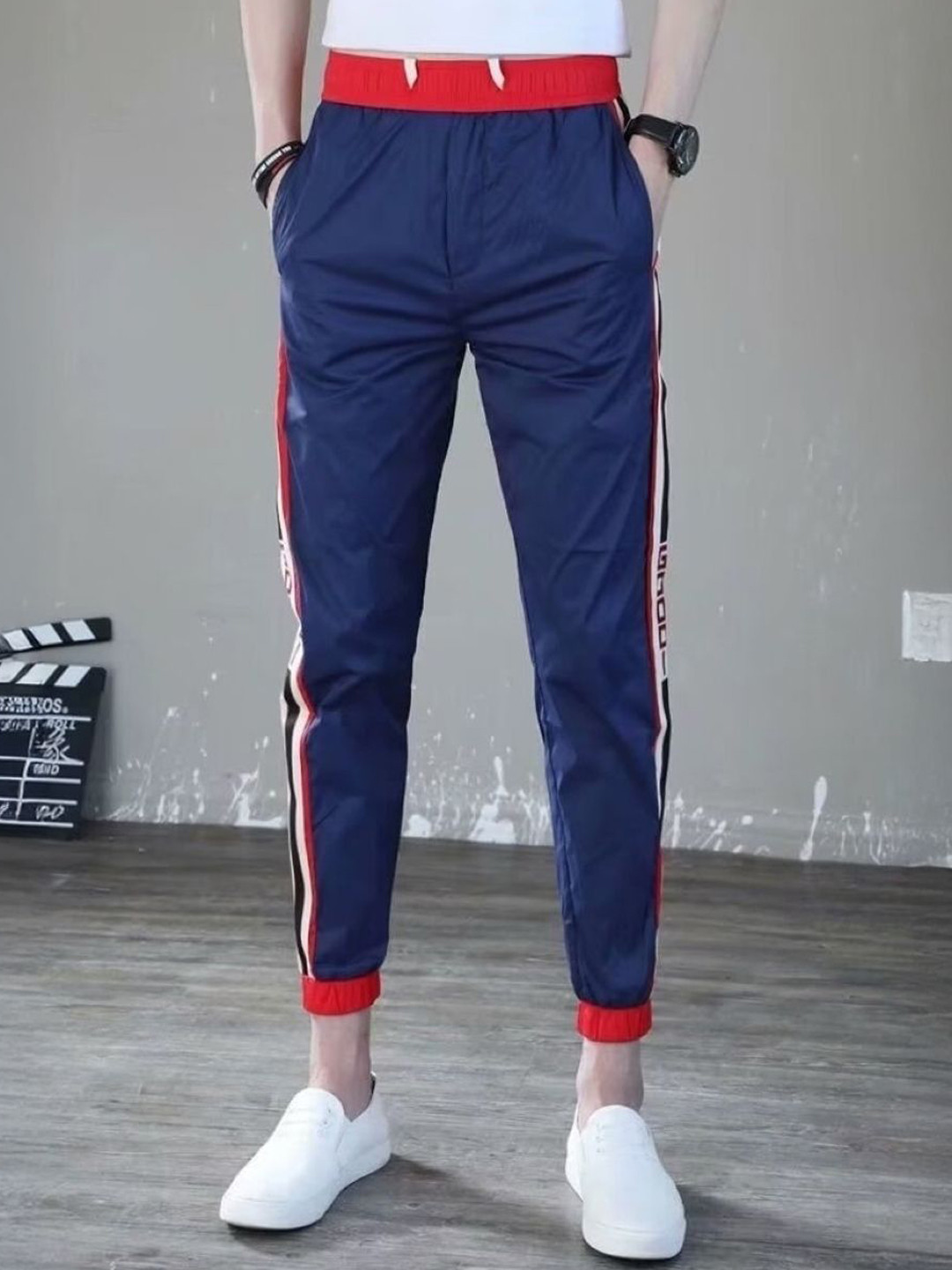 KPOP Men Striped Urban Mid-Rise Side Stripes Slim Fit Trousers