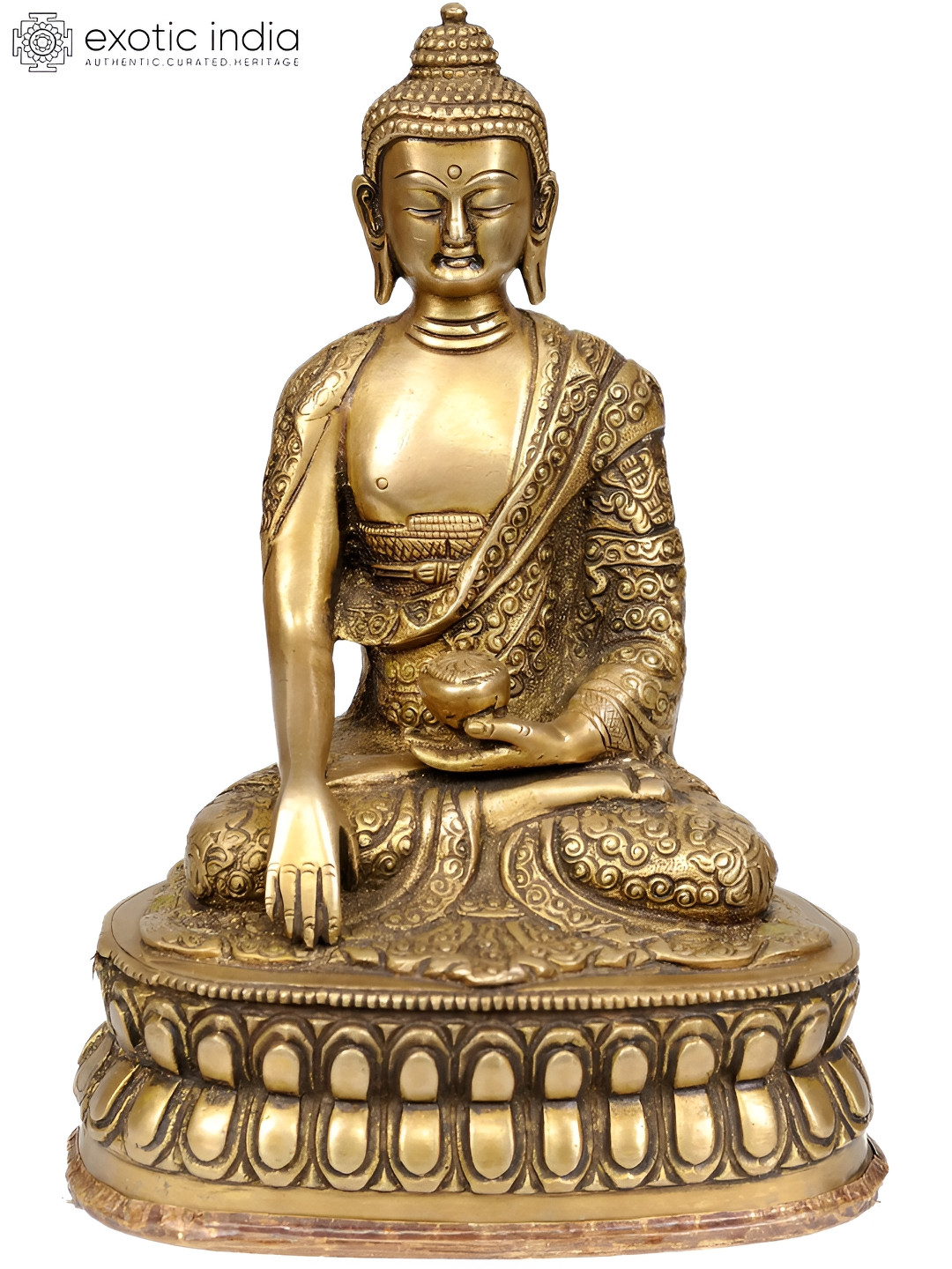 Exotic India Lord Buddha in Earth Witness Gesture Robes Gold Brass Metallic Prayer Room Small Showpiece - 8 Inches