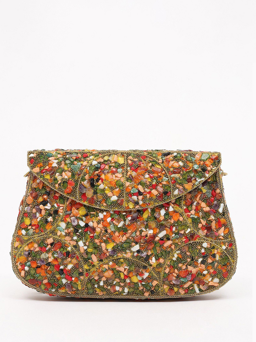 Exotic India Embellished Embroidered Stone Studded Box Clutch With Shoulder Chain