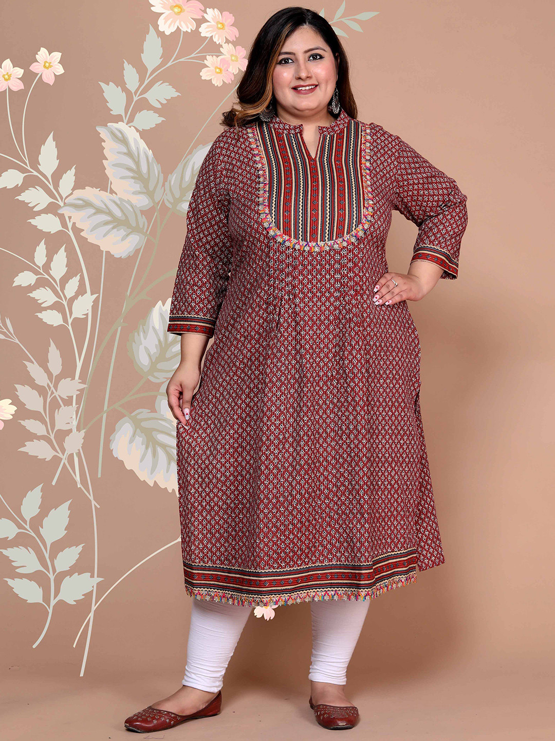 MEHKFAB Women Floral Printed Screen Print Festive Cotton Straight Plus Size Kurta