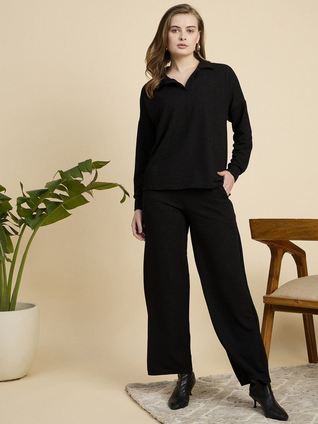 CORSICA Self-Design Shirt Collar Neck T-Shirt With Trousers Co-Ords