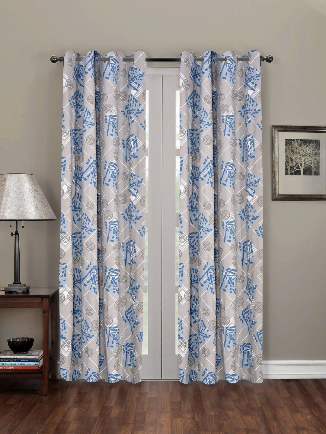 RRC Grey & Blue 2 Pieces Geometric Printed Microfiber Cotton Long Door Curtain - 7ft