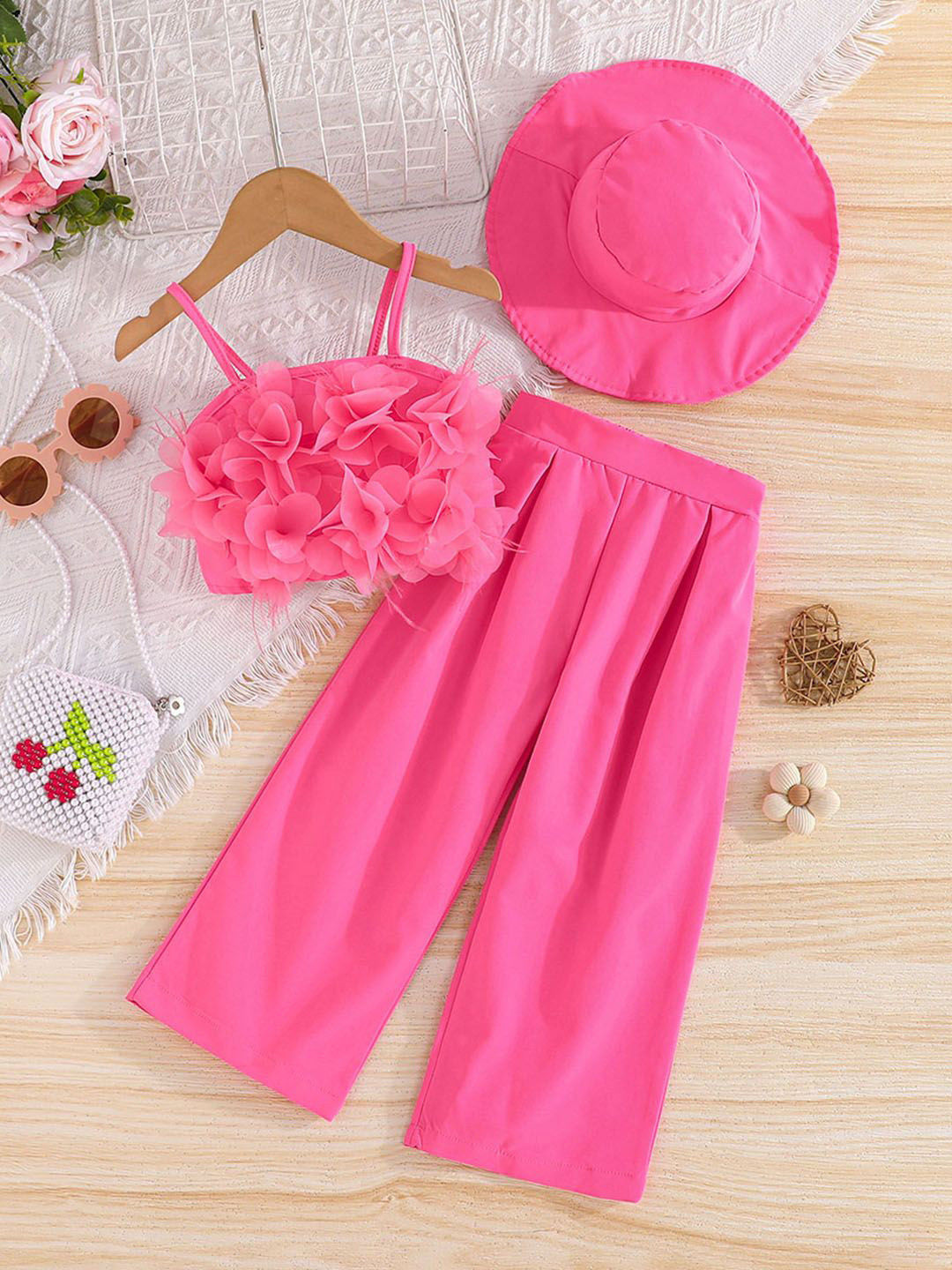 INCLUD Girls Shoulder Straps Top With Trousers & Hat