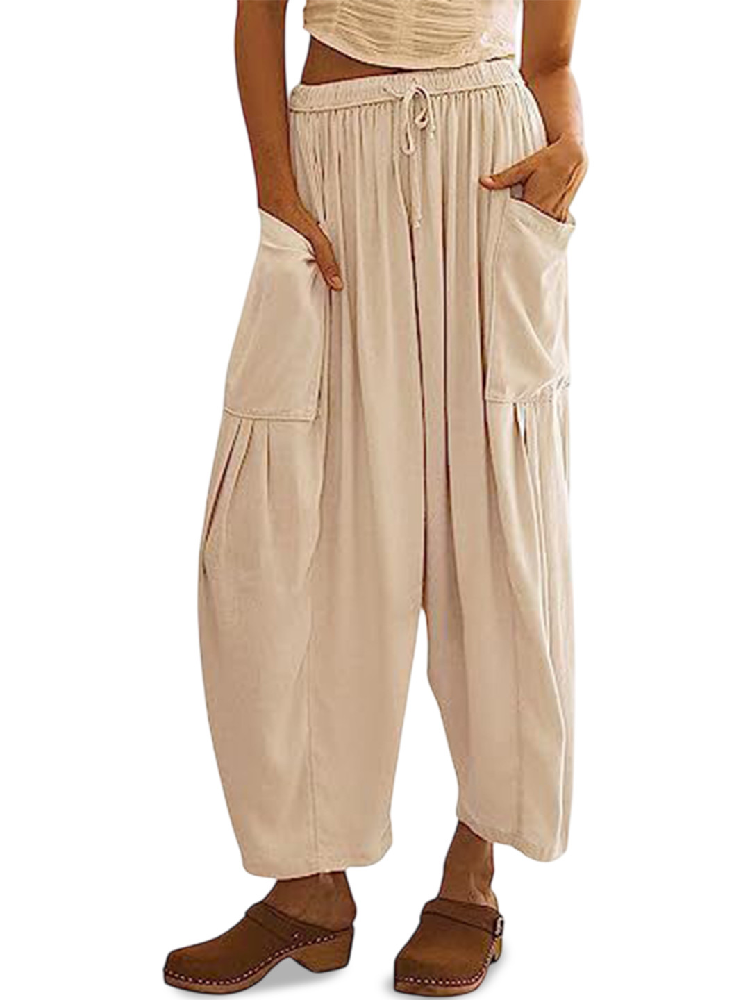 Outzidr Beige Wide Leg Casual Cargo Pants
