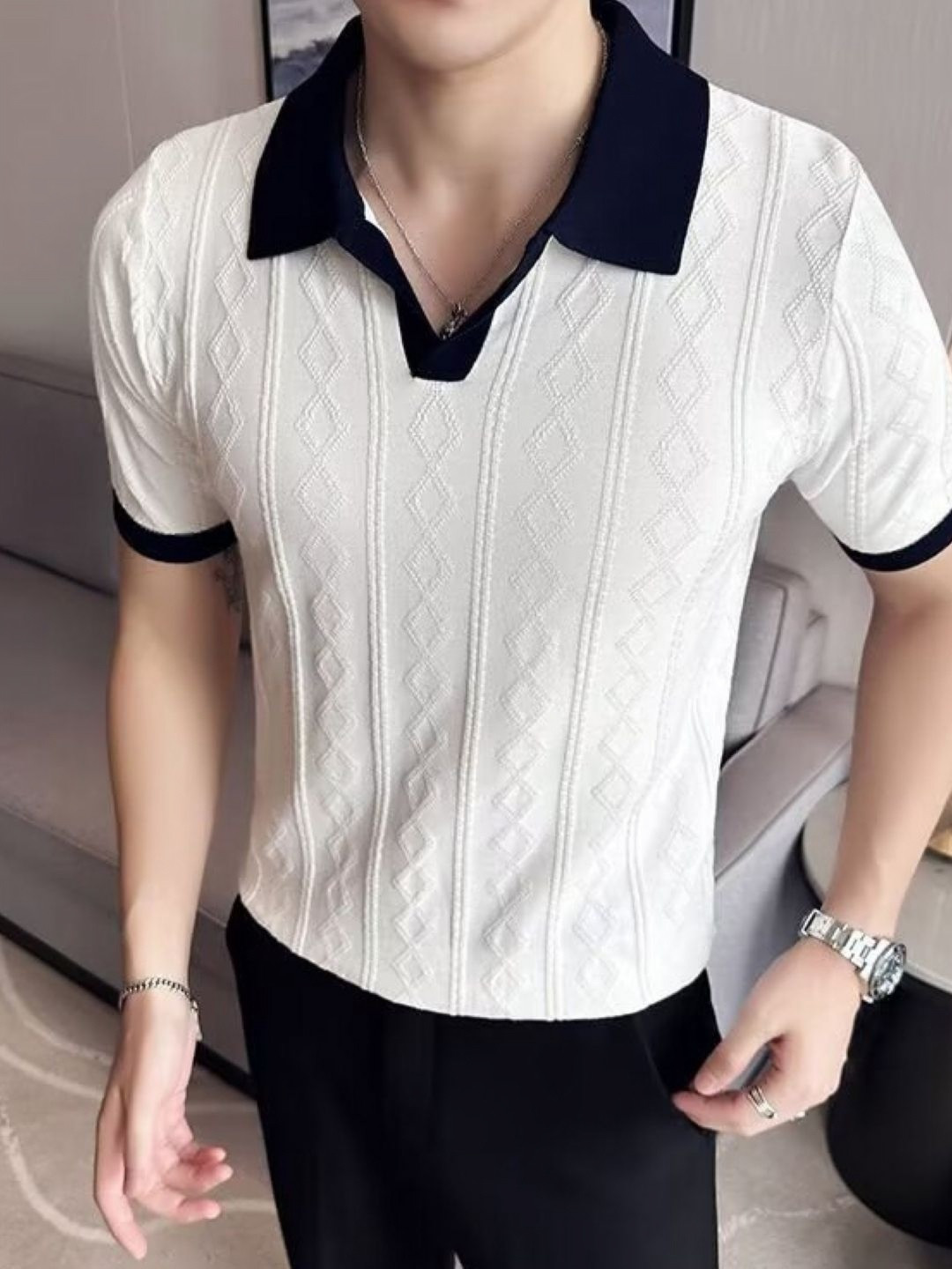Men's Geometric Self Design Polo Collar T-shirt