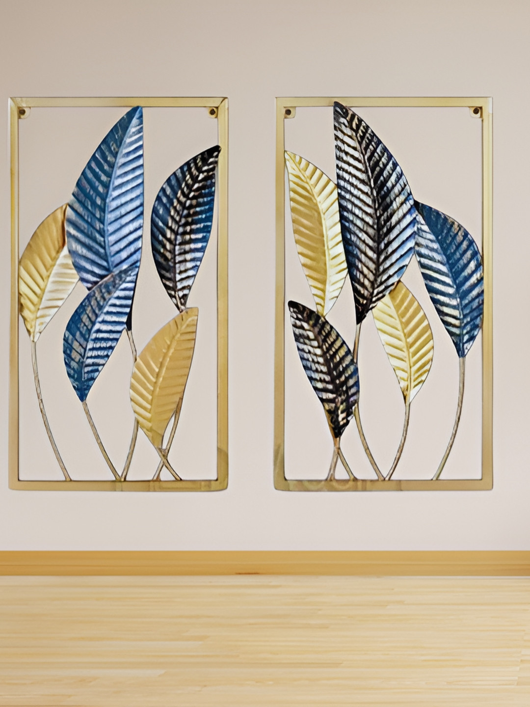 Artisans Bazar 2-Pcs Blue Leaf Pattern Metal Wall Hangings