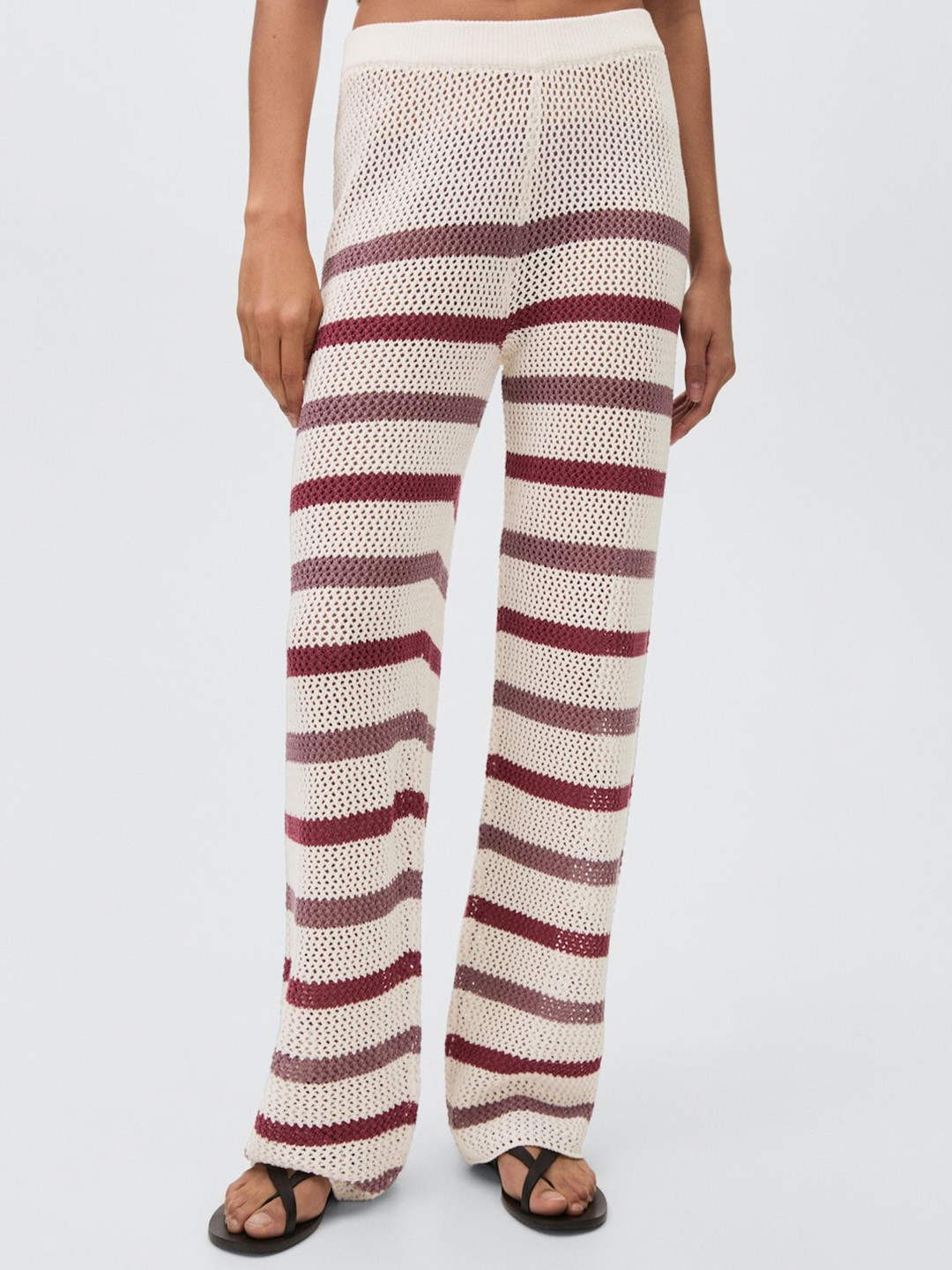 MANGO Women Open Knit Striped Trousers