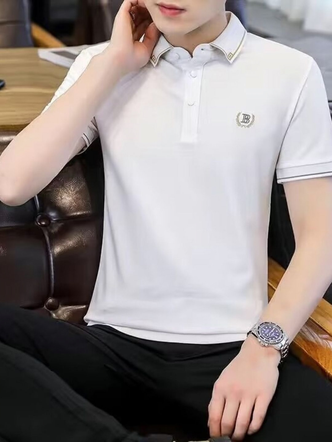 Men's White Polo Collar T-shirt with Brand Logo