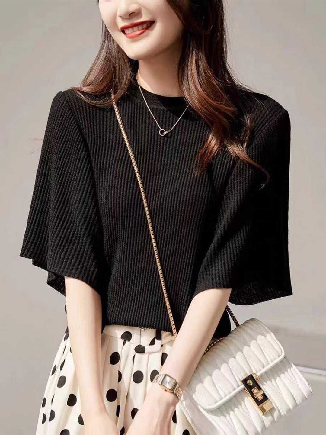 Outzidr Black Plisse Top With Flared Sleeves