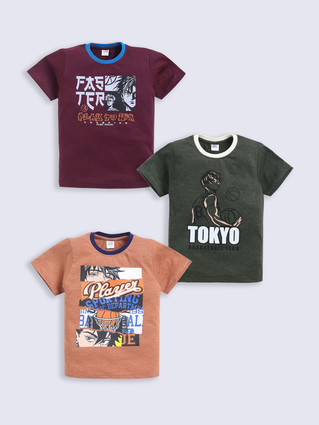 Here&Now X Game Begins Boys Anime Assorted Printed Set of 3 T-shirts