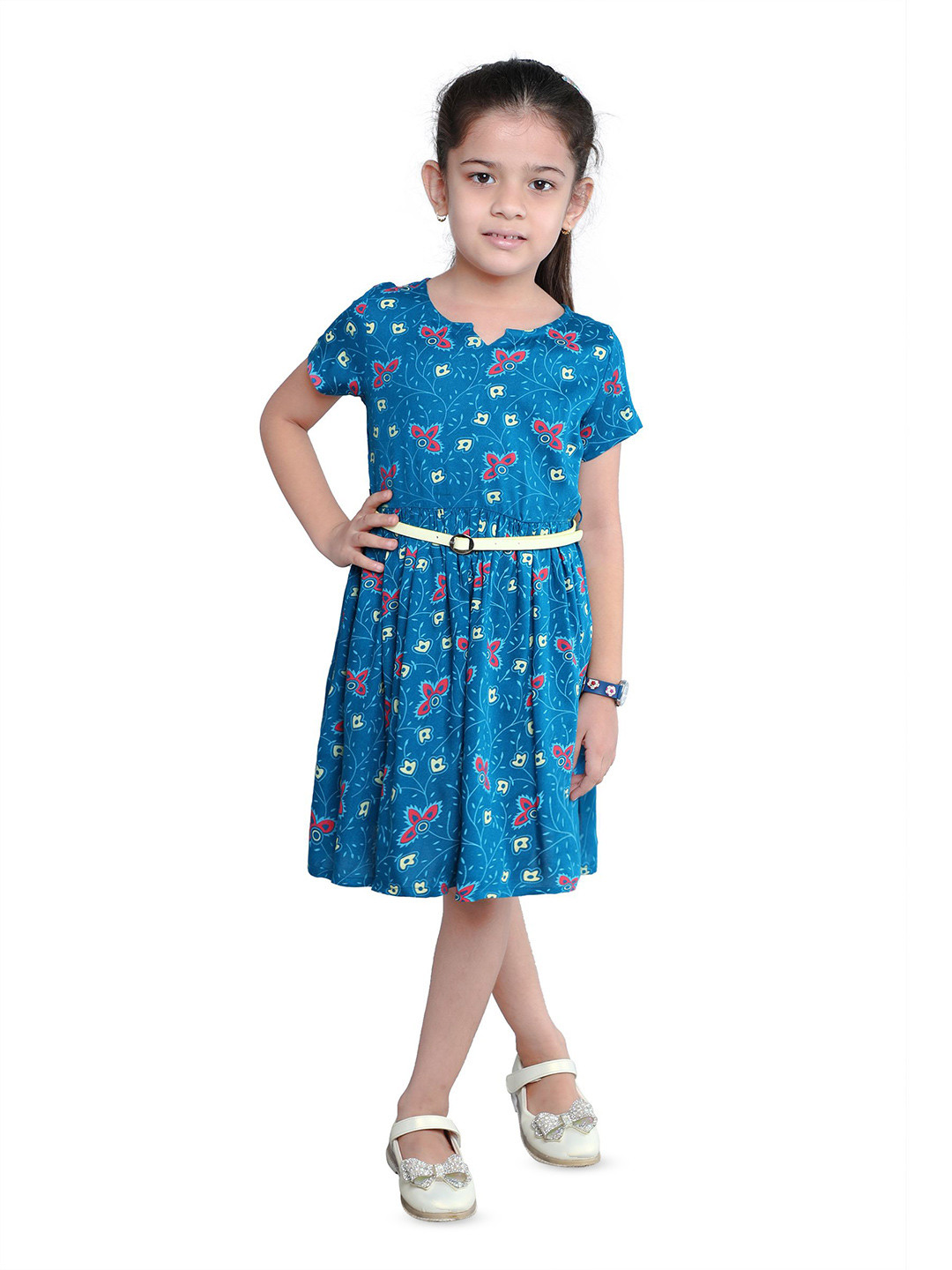 Funshine Girls Floral Print Belted Blue Fit & Flare Dress