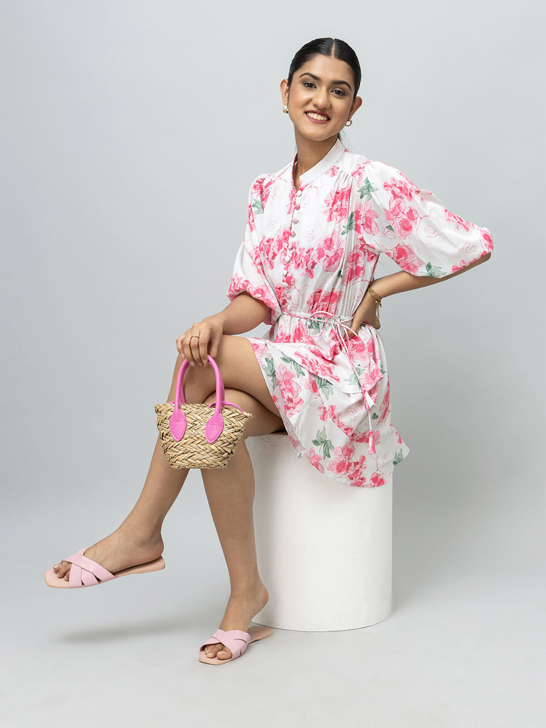 Rhe-Ana Women Mandarin Neck Puff-Sleeve Tiered Mini Dress