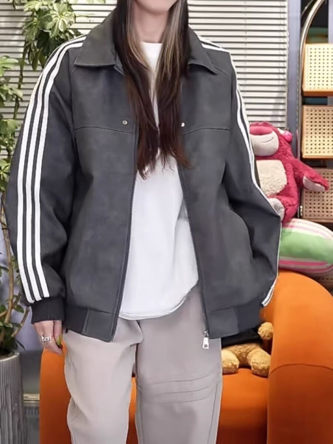 KPOP Women Striped Oversized Bomber Jacket