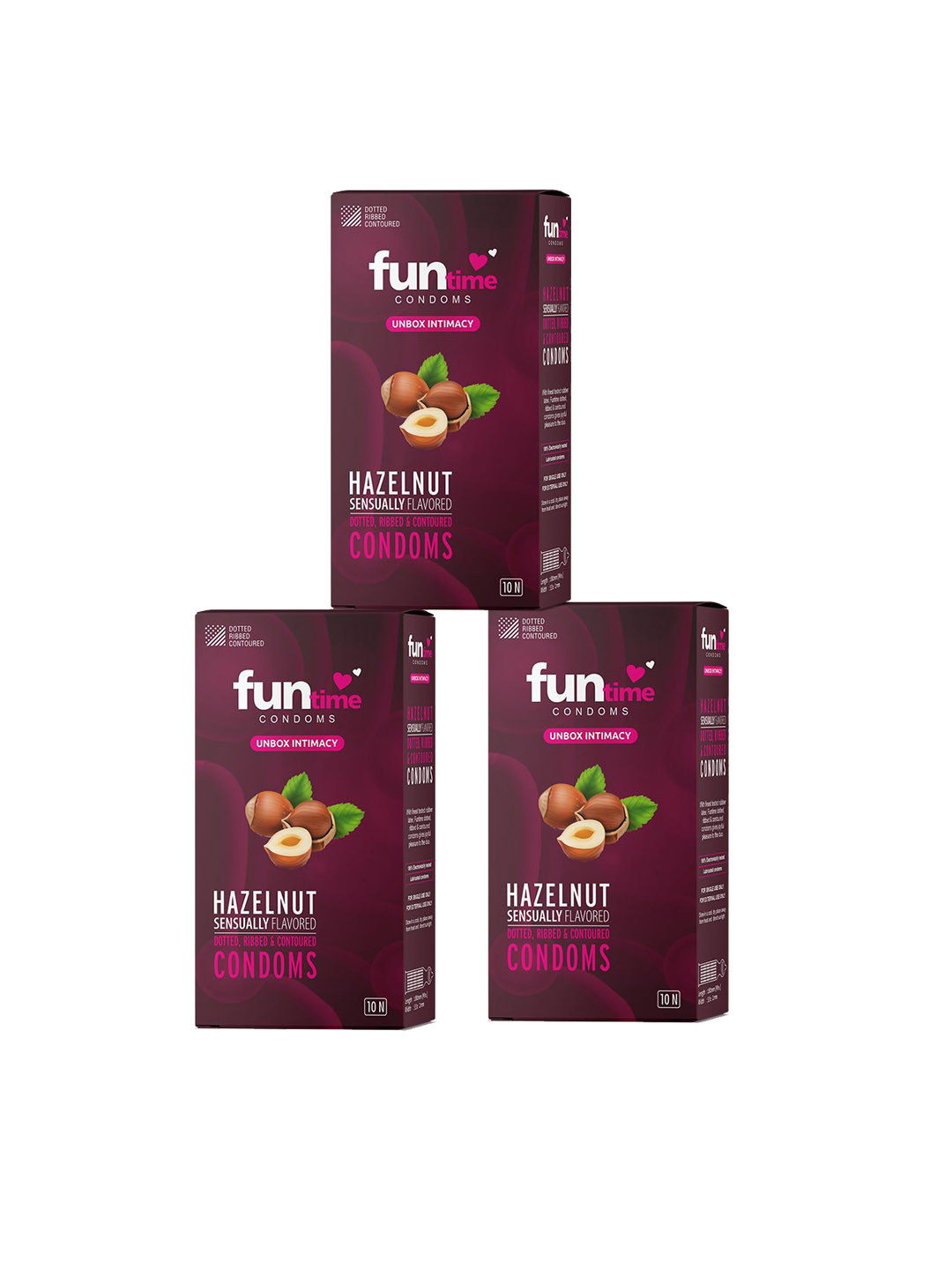 Funtime Pack Of 3 Hazelnut Flavor Long Lasting Dotted & Ribbed Condoms - 30 Pcs